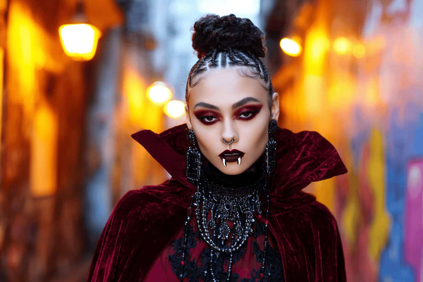 Frau im Vampirkostüm mit rotem Umhang und Vampirzähnen