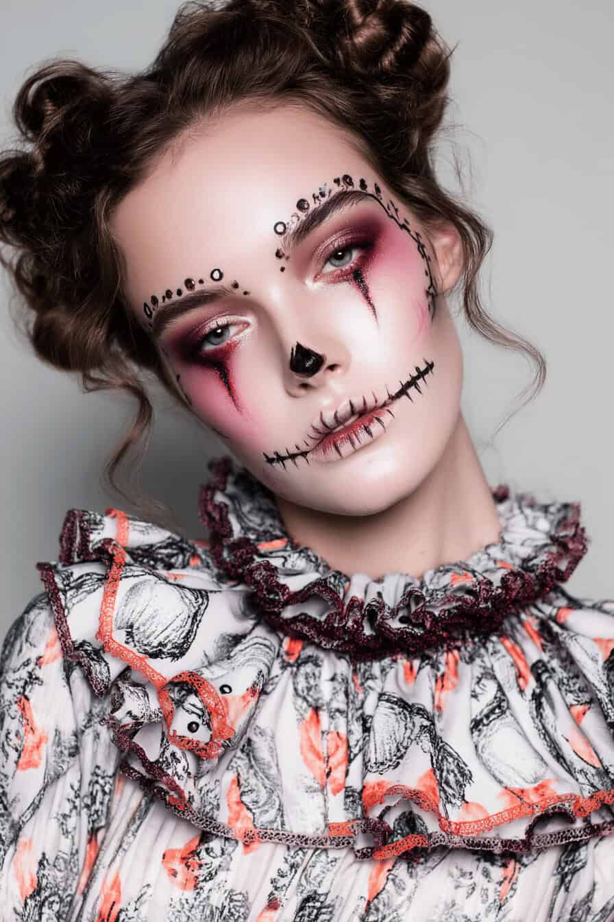 Frau mit kunstvollem Skelett-Make-up und dekorativem Outfit