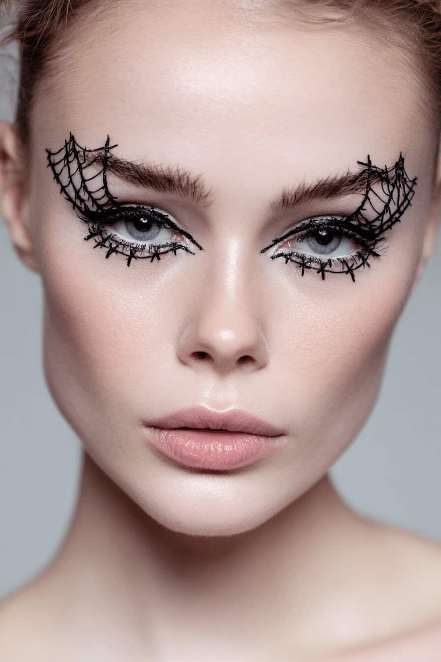 Nahaufnahme eines Halloween-Looks mit Spinnennetz-Eyeliner