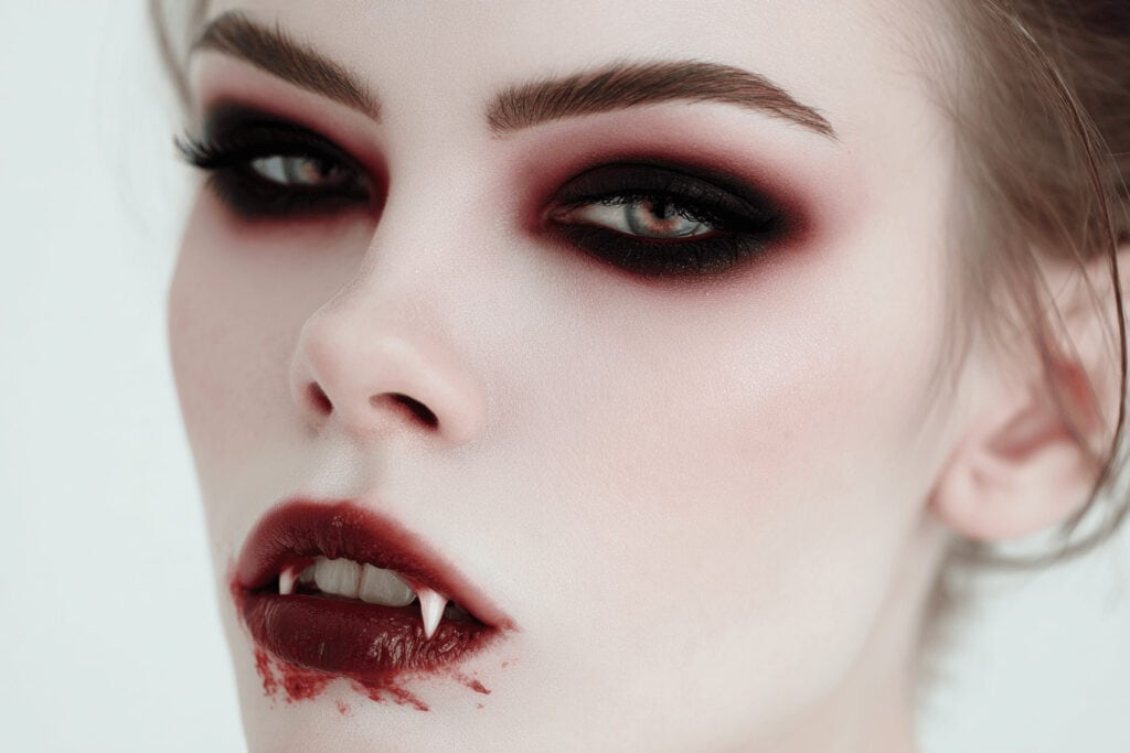 Frau mit Vampir-Make-up, blutverschmierte Lippen und dunklem Augen-Make-up