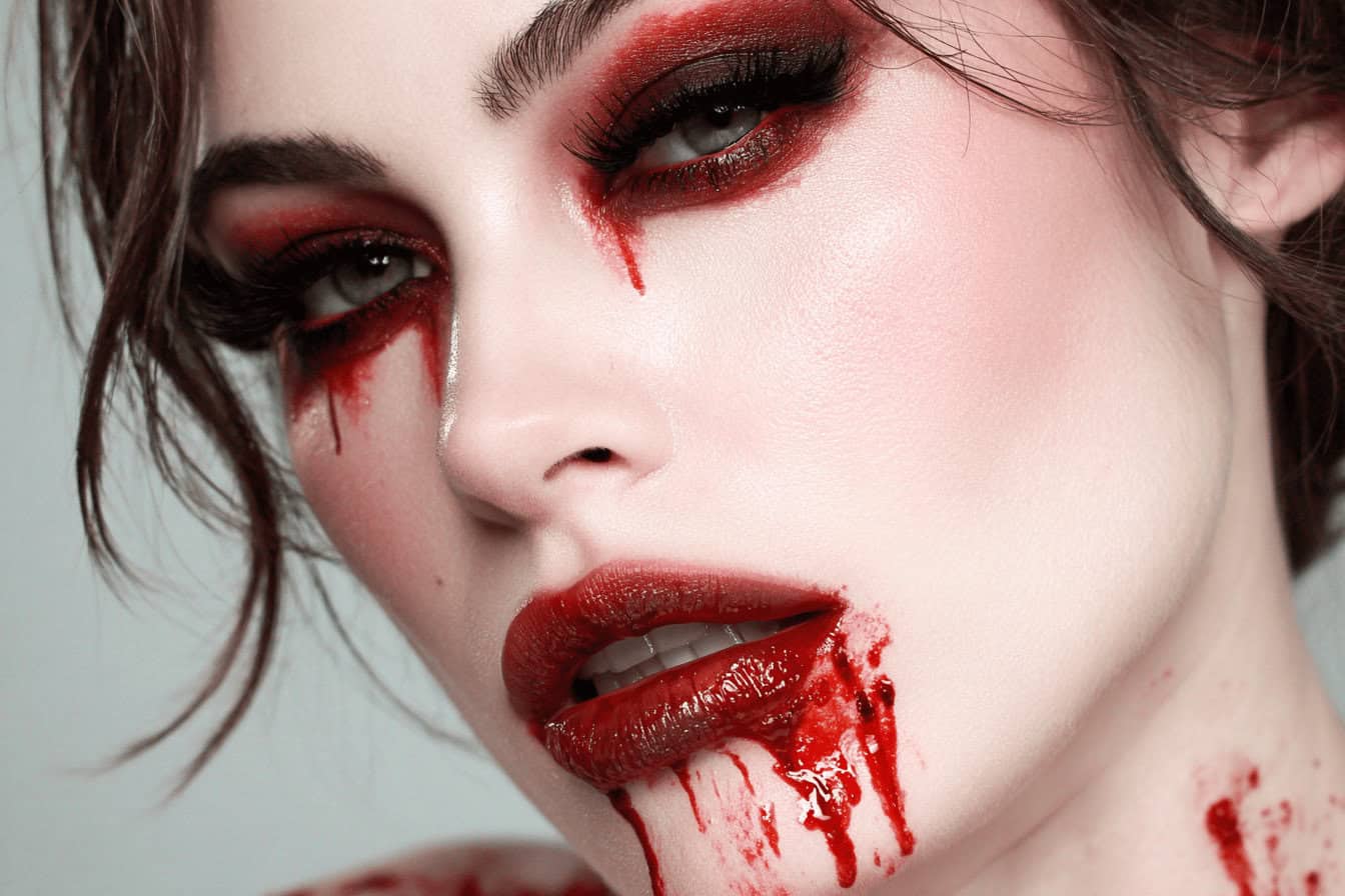 Frau mit blutiger Halloween Schminke im Gesicht
