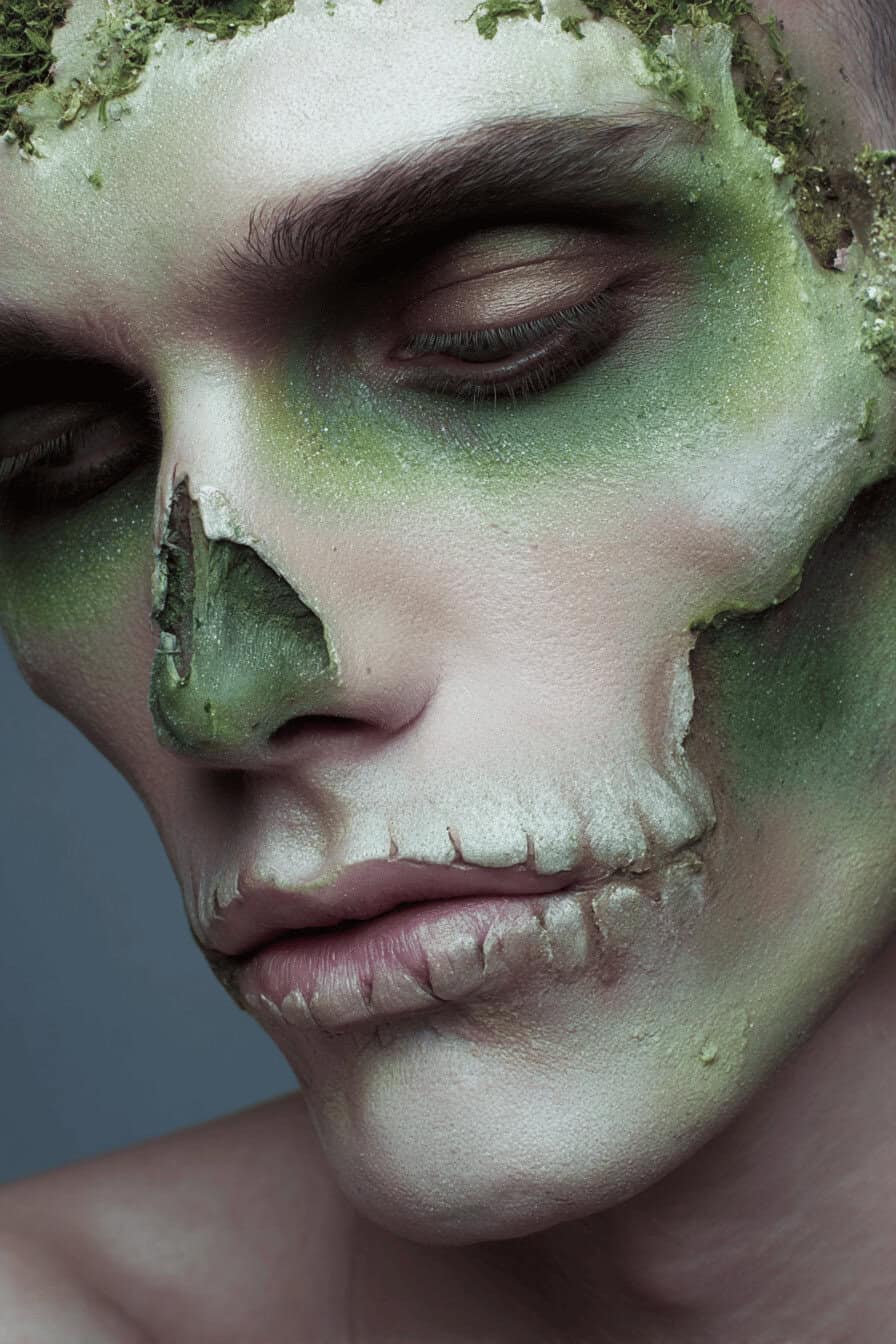 Halloween-Make-up mit grünlichen Zombie-Effekten im Gesicht eines Mannes