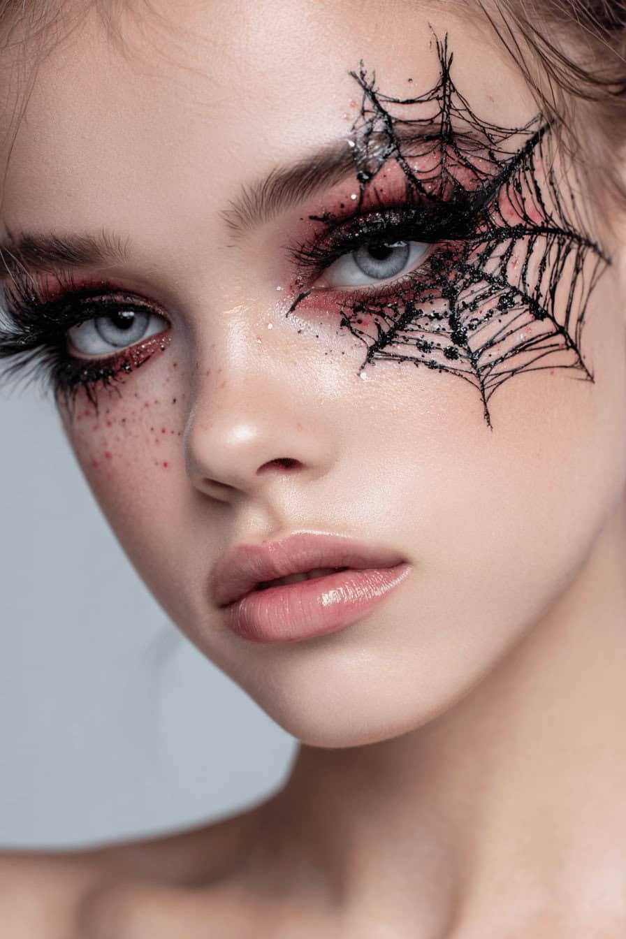 Detailansicht eines Halloween-Make-ups mit Spinnennetz über dem Auge