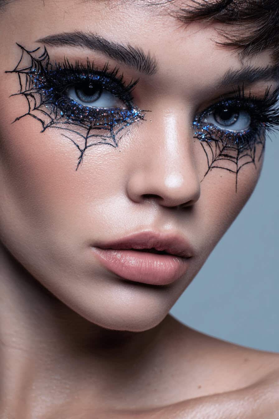 Glitzerndes Spinnennetz-Make-up rund um die Augen einer Frau