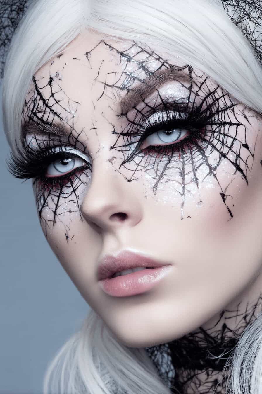 Halloween-Make-up mit weißem Haar und schwarzem Spinnennetz im Gesicht