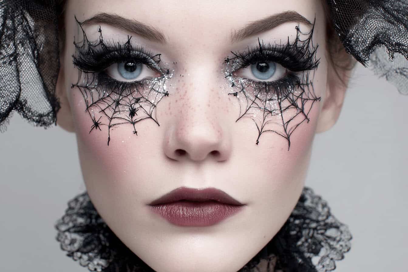 Nahaufnahme eines Gesichts mit Spinnennetz Make Up im Halloween-Stil