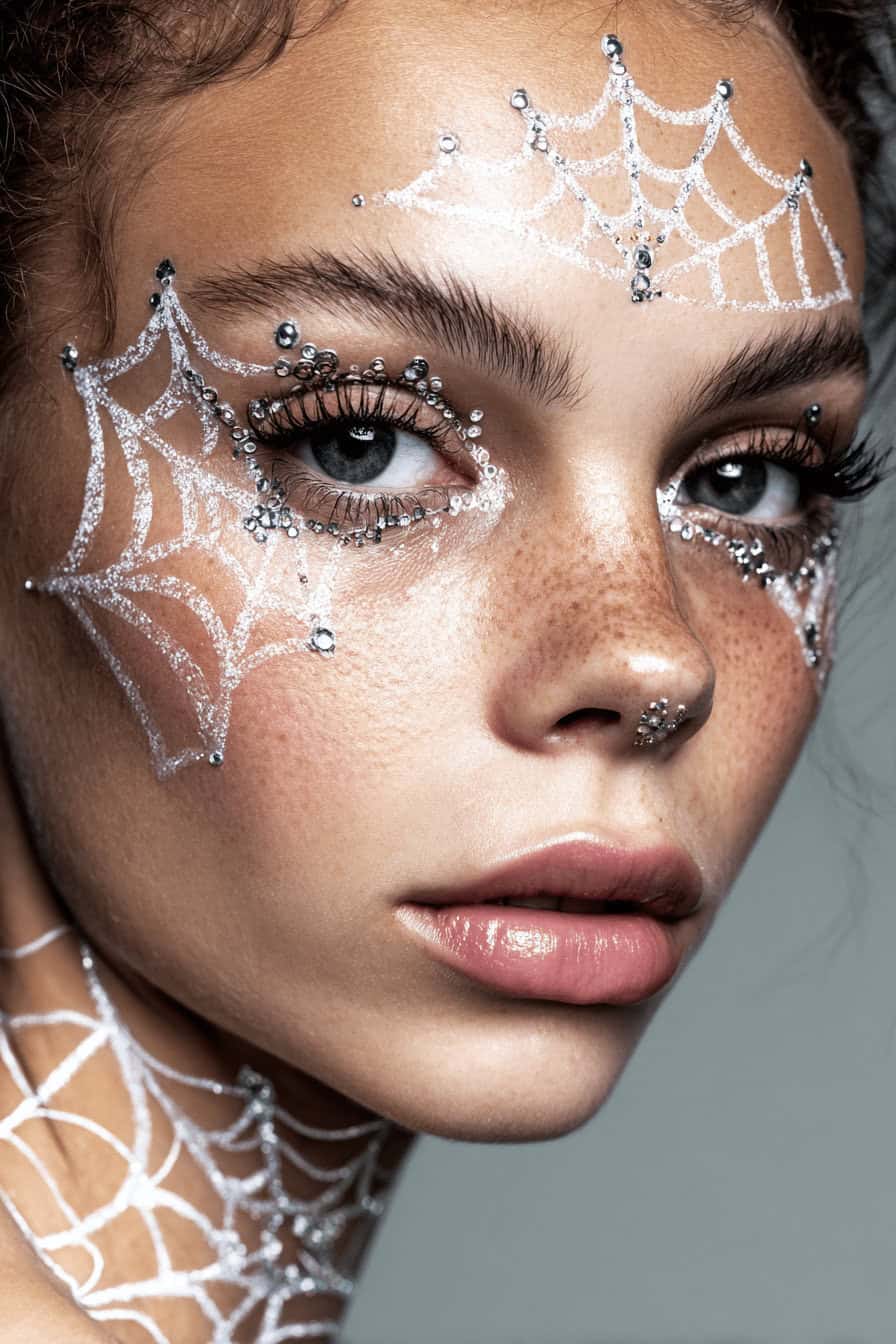Gesicht mit silbernem Spinnennetz-Make-up und glitzernden Strasssteinchen