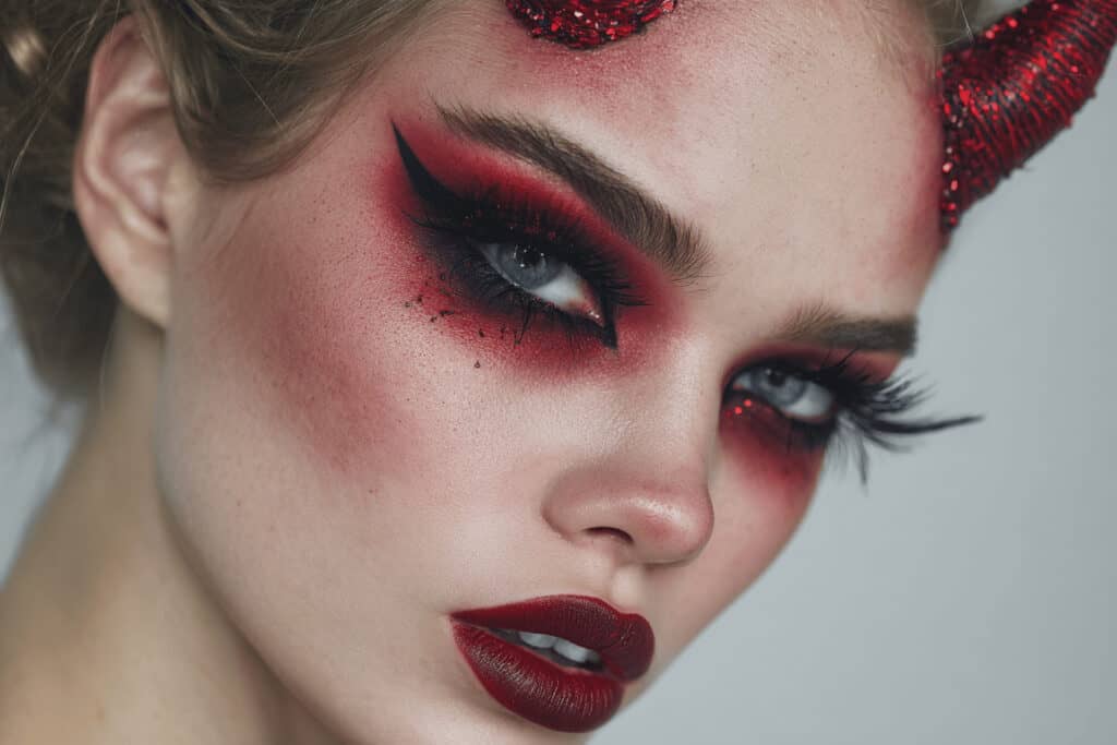 Frau mit intensivem Halloween Teufel Makeup in Rot und Schwarz