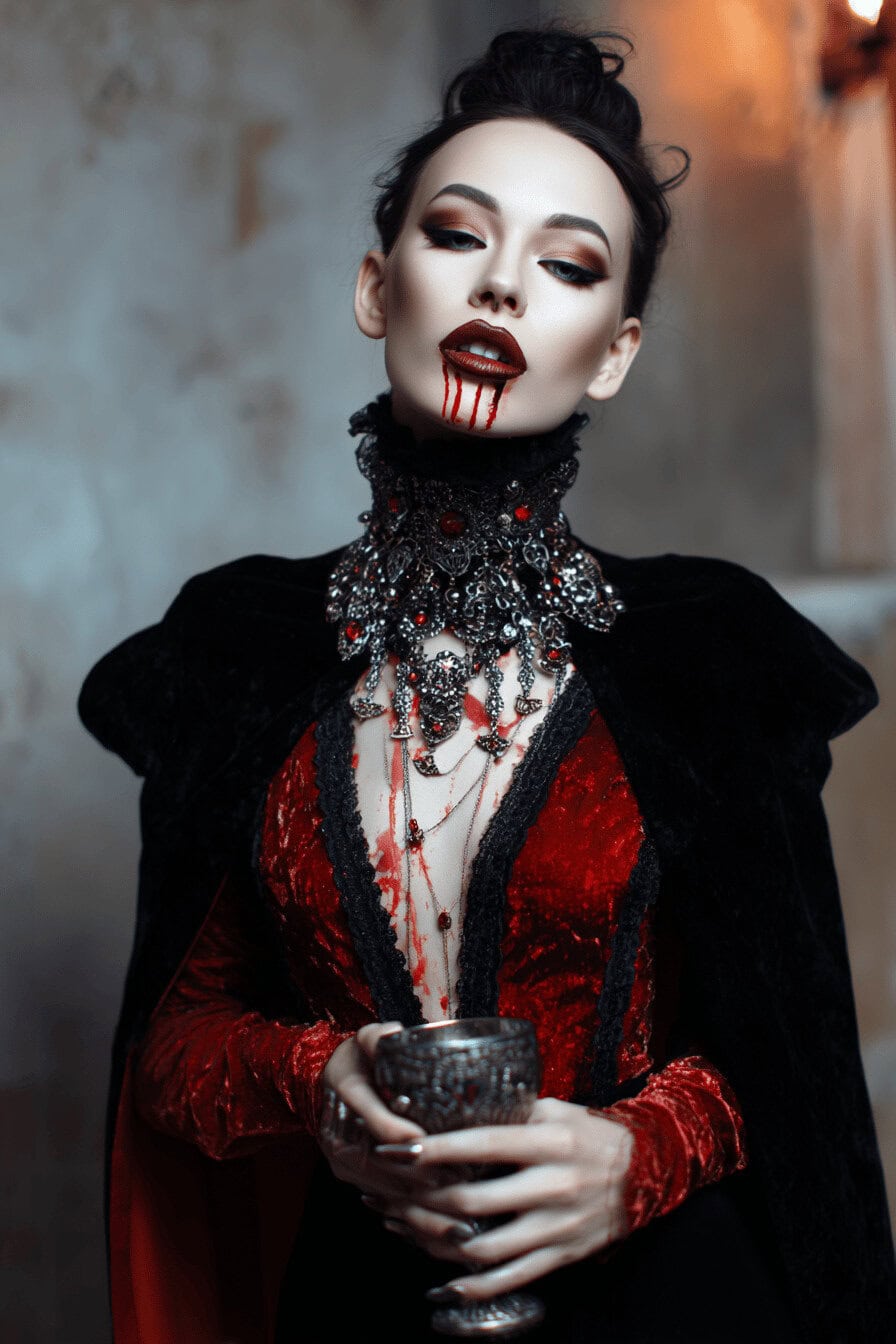 Frau im Vampirkostüm mit blutverschmierten Lippen und opulentem Schmuck