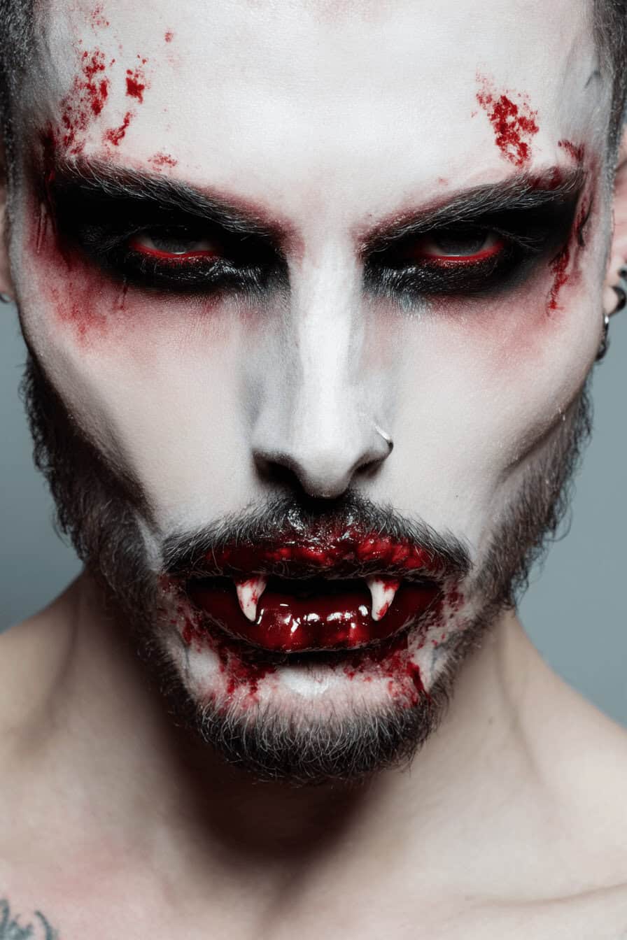 Halloween Make up mit blutigen Vampirzähnen und totenbleichem Gesicht bei einem Mann