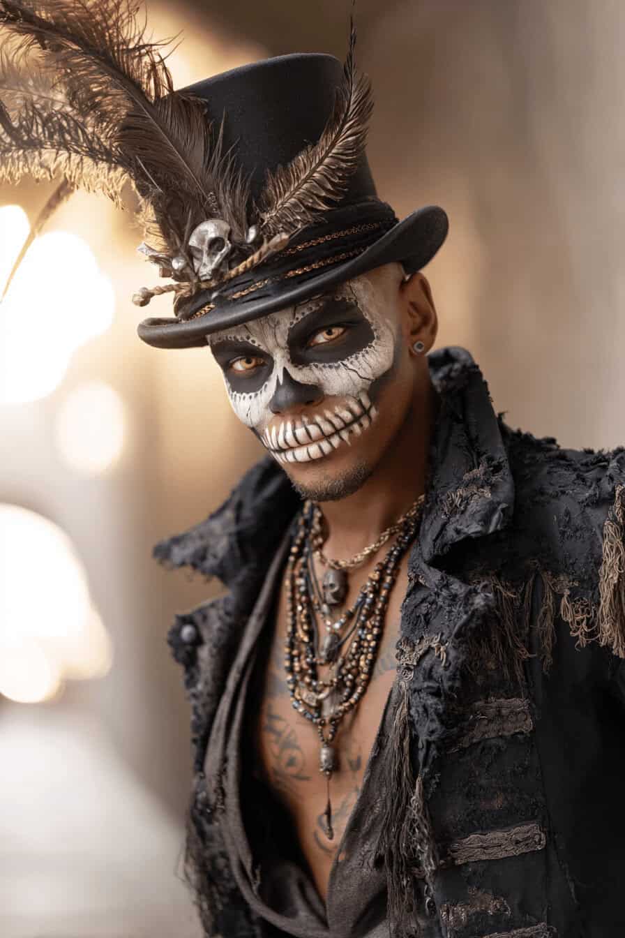 Mann im gruseligen Voodoo-Kostüm mit Totenschädel-Schminke und Zylinder