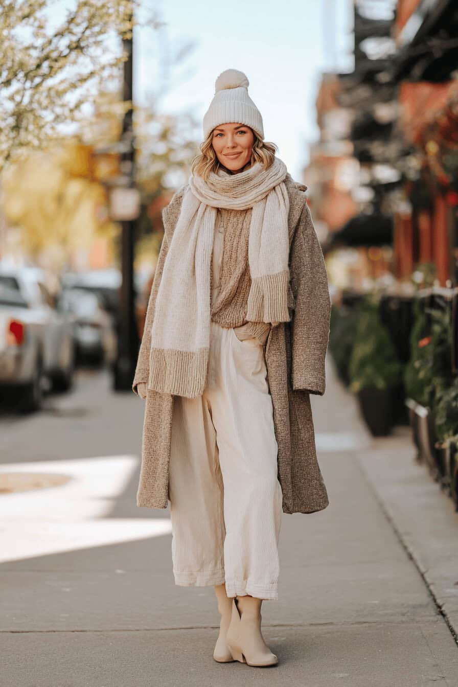 Frau im beigen Layering-Outfit für den Herbst mit Mantel, Schal und Mütze