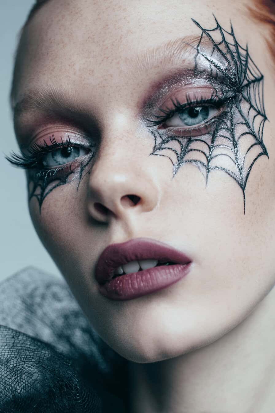 Nahaufnahme eines kreativen Halloween-Make-ups mit Spinnennetzen um die Augen