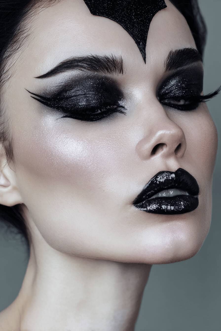 Nahaufnahme eines glamourösen Hexen-Make-ups mit schwarzem Glitzer und dramatischem Eyeliner