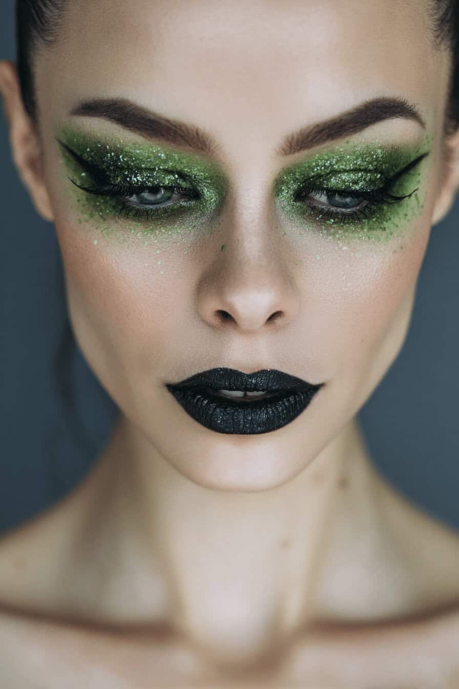 Frau mit grünem Glitzer-Lidschatten und schwarzen Lippen im Hexen-Look