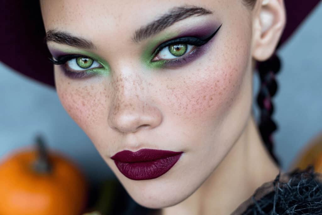 Nahaufnahme eines Hexen Make up Halloween Looks mit grünem und violettem Lidschatten