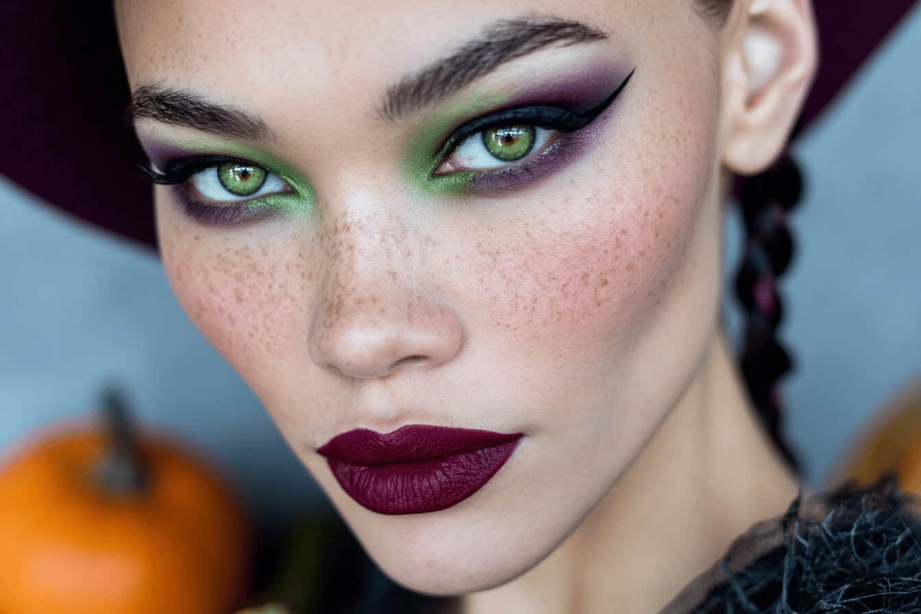 Nahaufnahme eines Hexen Make up Halloween Looks mit grünem und violettem Lidschatten