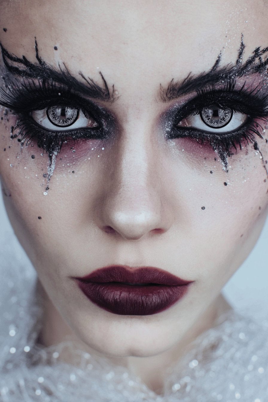 Frau mit dramatischem Hexen Make-up und auffälligen schwarzen Kontaktlinsen mit weißen Details