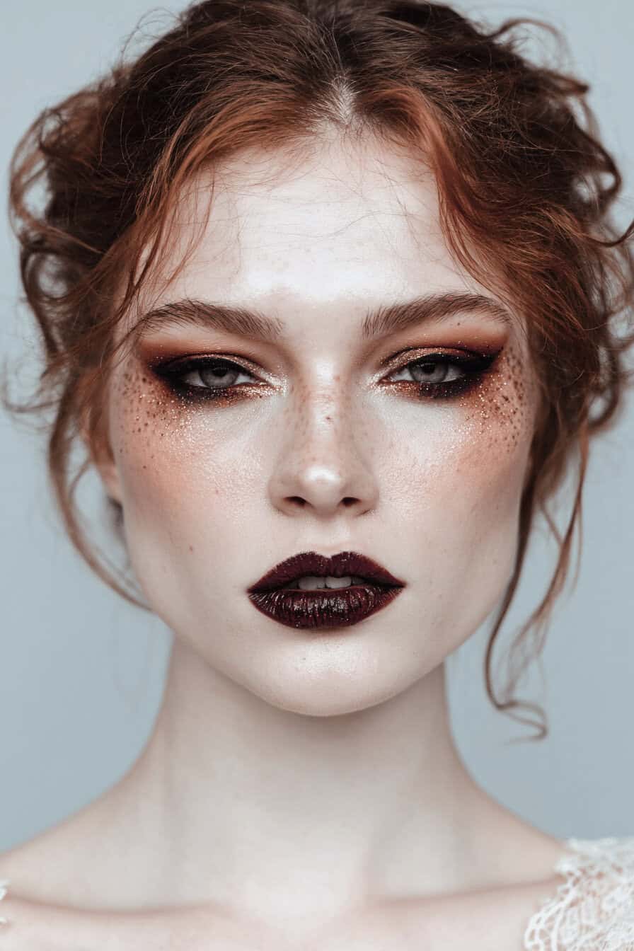Frau mit kupferfarbenem Hexen-Make-up, glitzernden Akzenten und markanten Wangenknochen