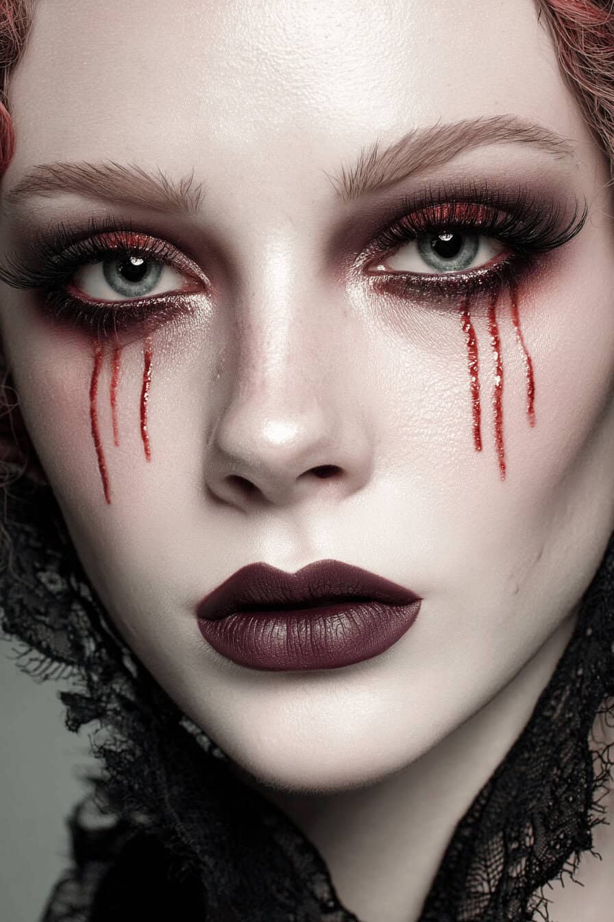 Halloween Make-up mit roten Tränen und dunklen Lippen