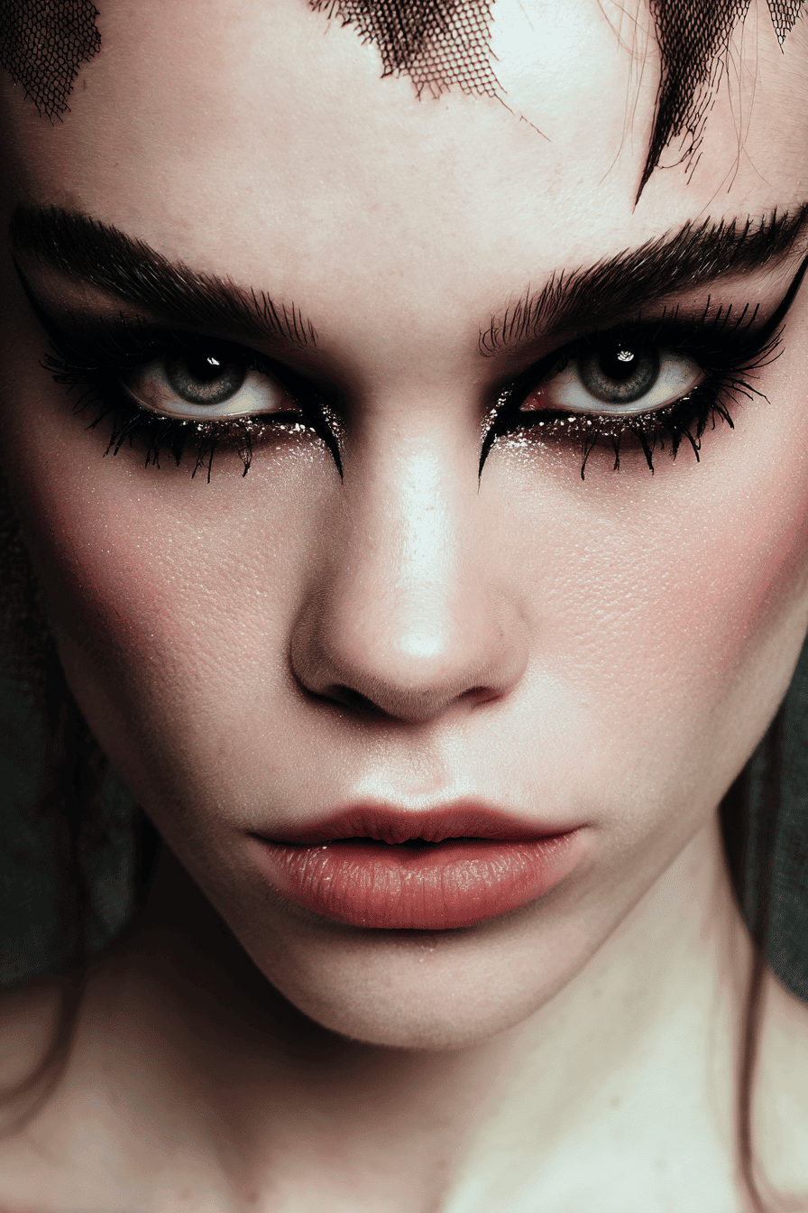 Nahaufnahme eines Halloween-Make-ups mit dramatischen Smokey Eyes und grafischem Eyeliner