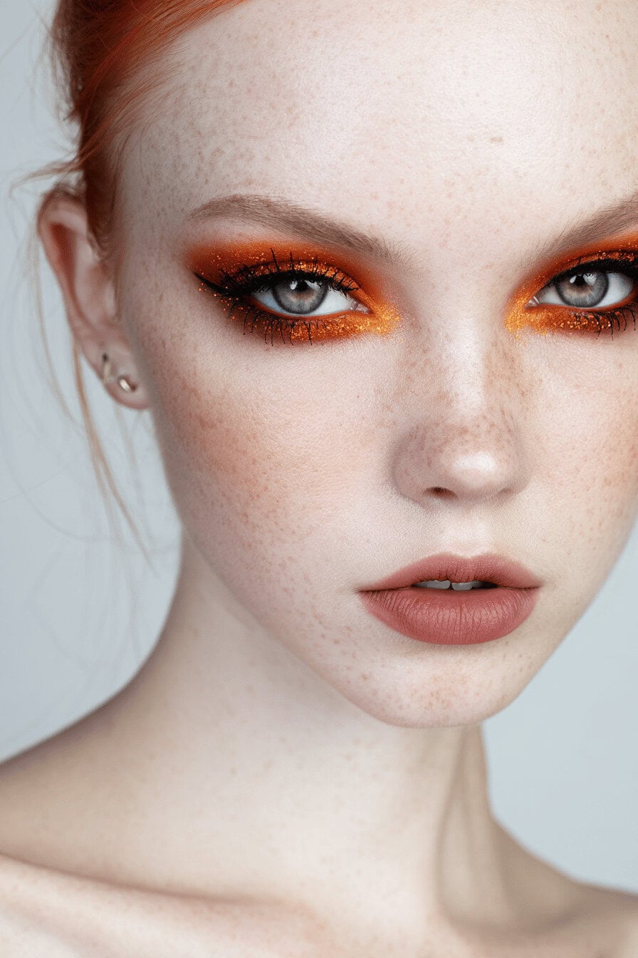 Junge Frau mit intensivem Halloween-Make-up in Orange und Schwarz