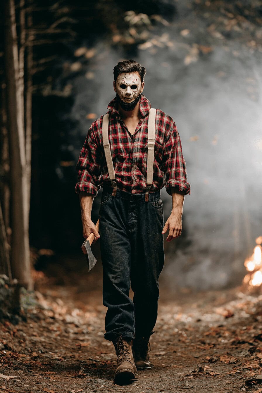 Mann im Holzfällerkostüm mit Axt und Horrormaske im nebligen Wald