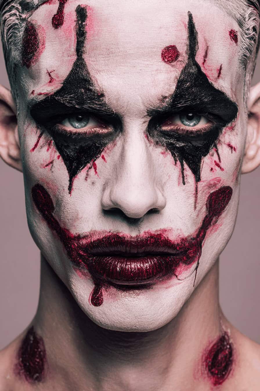 Nahaufnahme eines Mannes mit Horror-Clown-Make-up und blutigen Details
