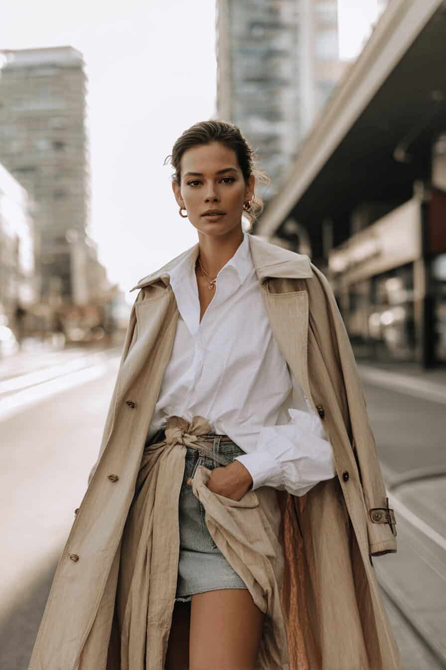 Frau im Denim-Jeansrock, weißem Shirt und beigem Trenchcoat in der Stadt