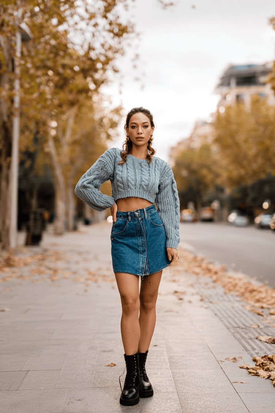 Frau mit Jeansrock, Crop-Strickpullover und Biker Boots auf herbstlicher Straße
