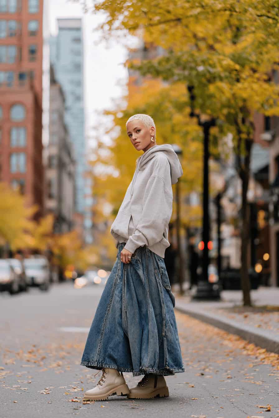 Frau trägt langen Jeansrock mit Hoodie und Herbst-Boots auf herbstlicher Stadtstraße