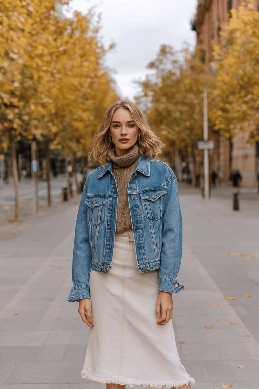 Frau trägt Jeansjacke und hellen Jeansrock im herbstlichen Straßenbild