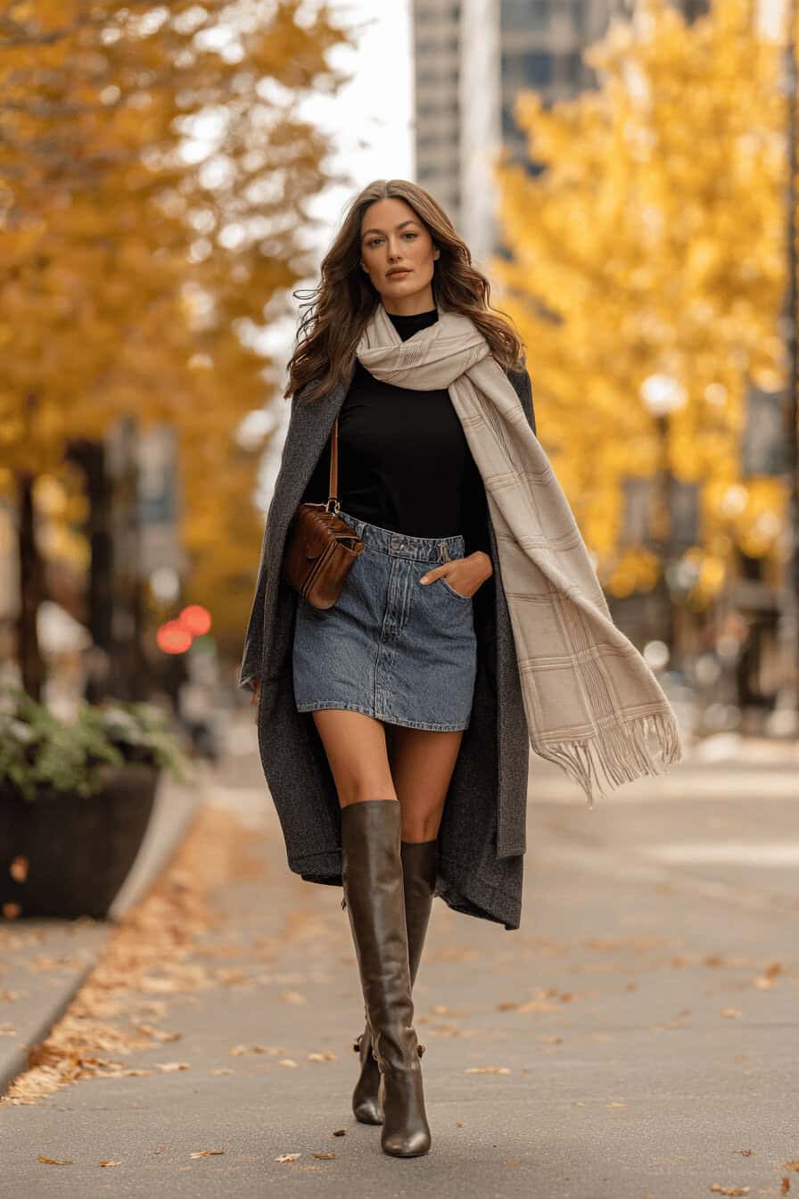 Frau in Jeansrock, schwarzem Longsleeve und Stiefeln spaziert im herbstlichen Stadtbild