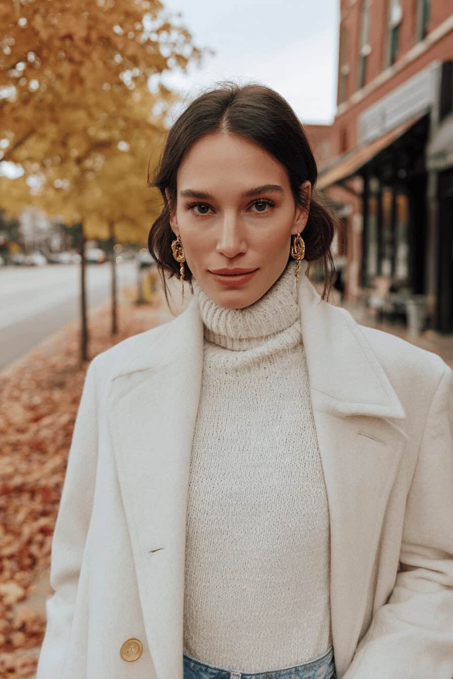 Frau im Herbstlook mit Rollkragenpullover, Mantel und blauem Jeansrock