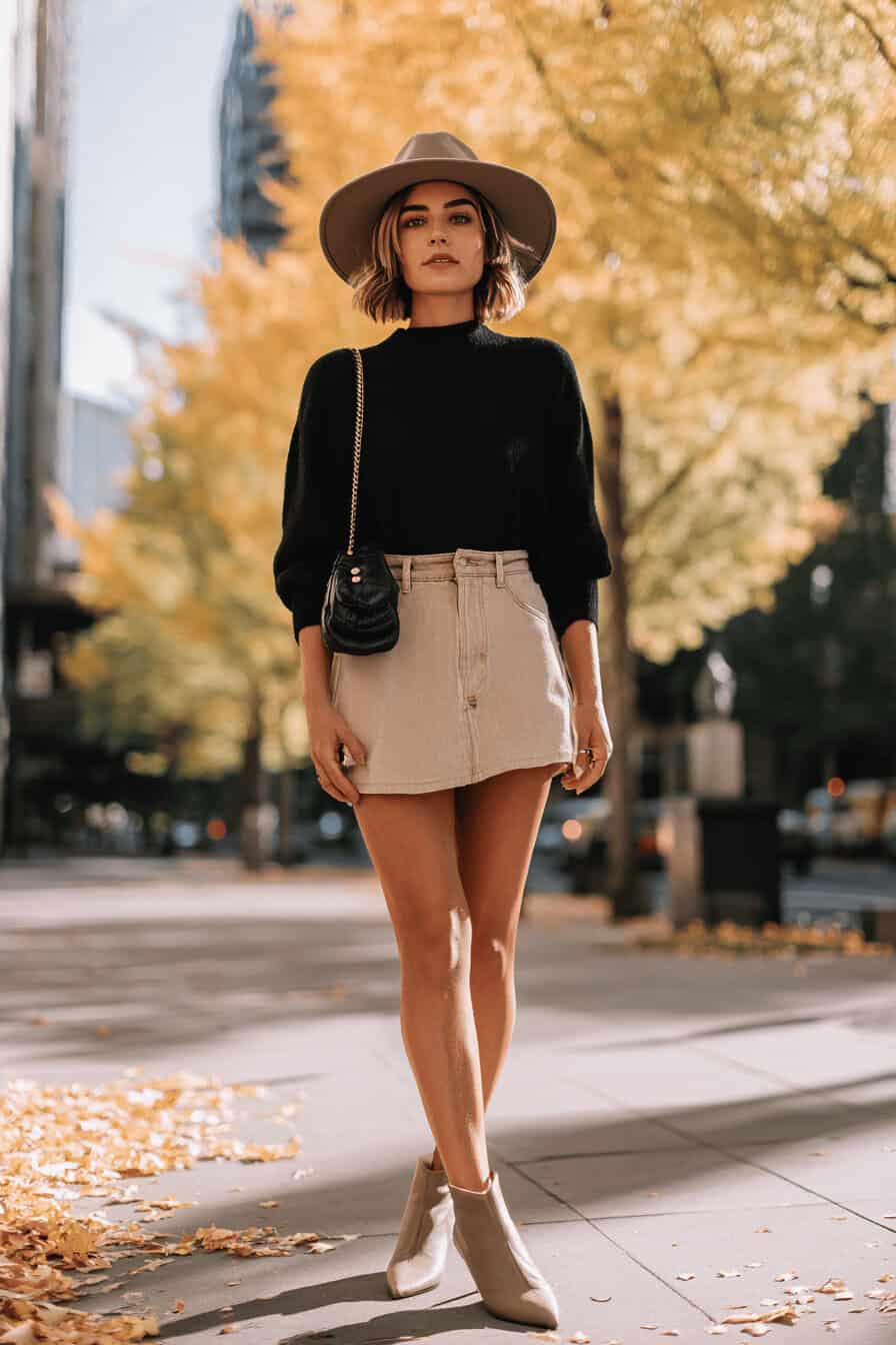 Frau im Herbstoutfit mit beigem Jeansrock, schwarzem Pullover und Hut