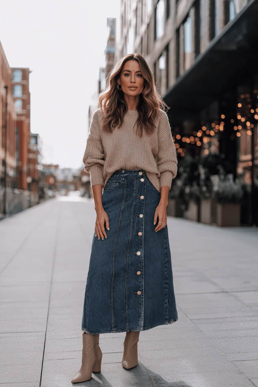 Frau trägt Jeansrock, beigen Strickpullover und Stiefeletten im Herbstlook