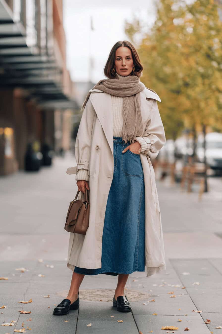 Frau trägt langen Jeansrock mit Trenchcoat, Loafern und Schal im Herbst