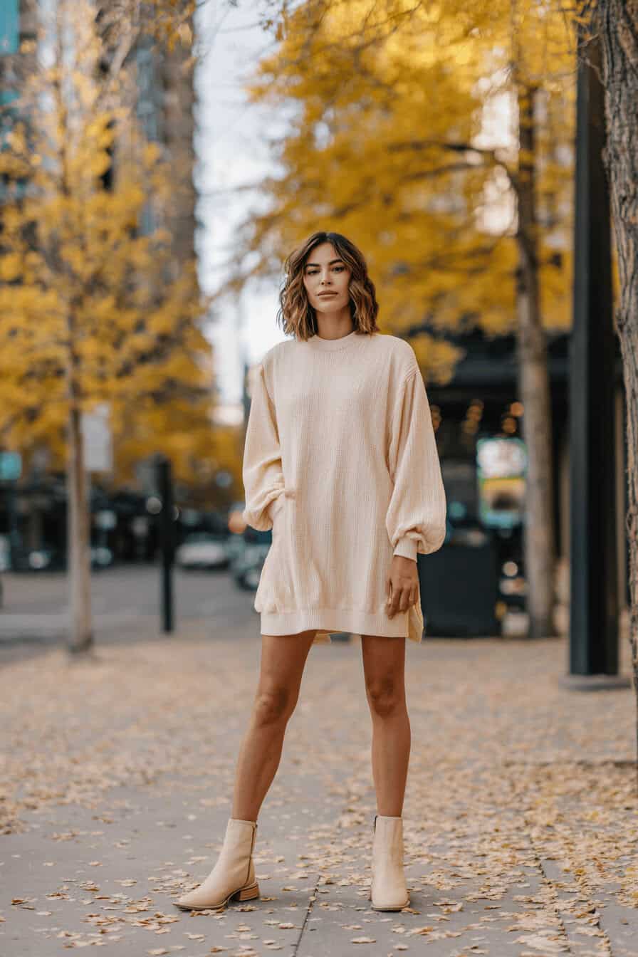 Frau im Jersey-Kleid und Ankle Boots auf herbstlicher Straße
