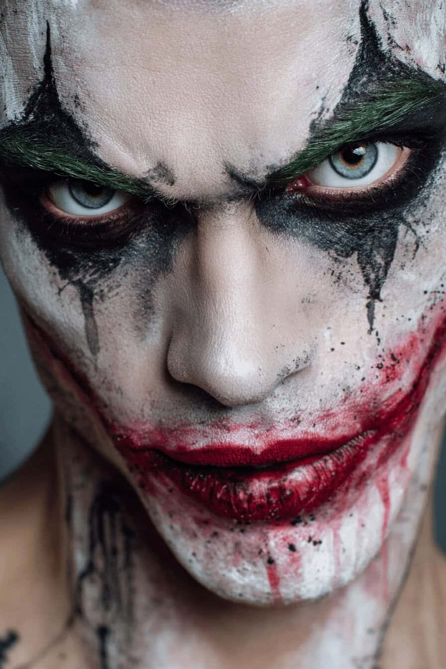 Nahaufnahme eines gruseligen Joker-Make-ups mit intensiven Augen und verschmiertem roten Grinsen