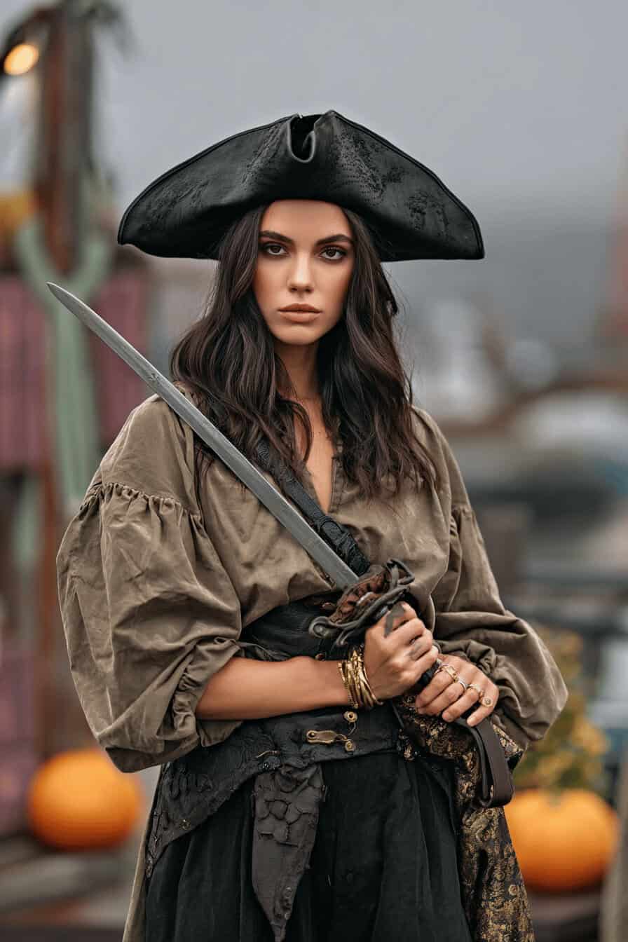 Frau im klassischen Piratinnenkostüm mit Dreispitz und Säbel vor Halloween-Kulisse