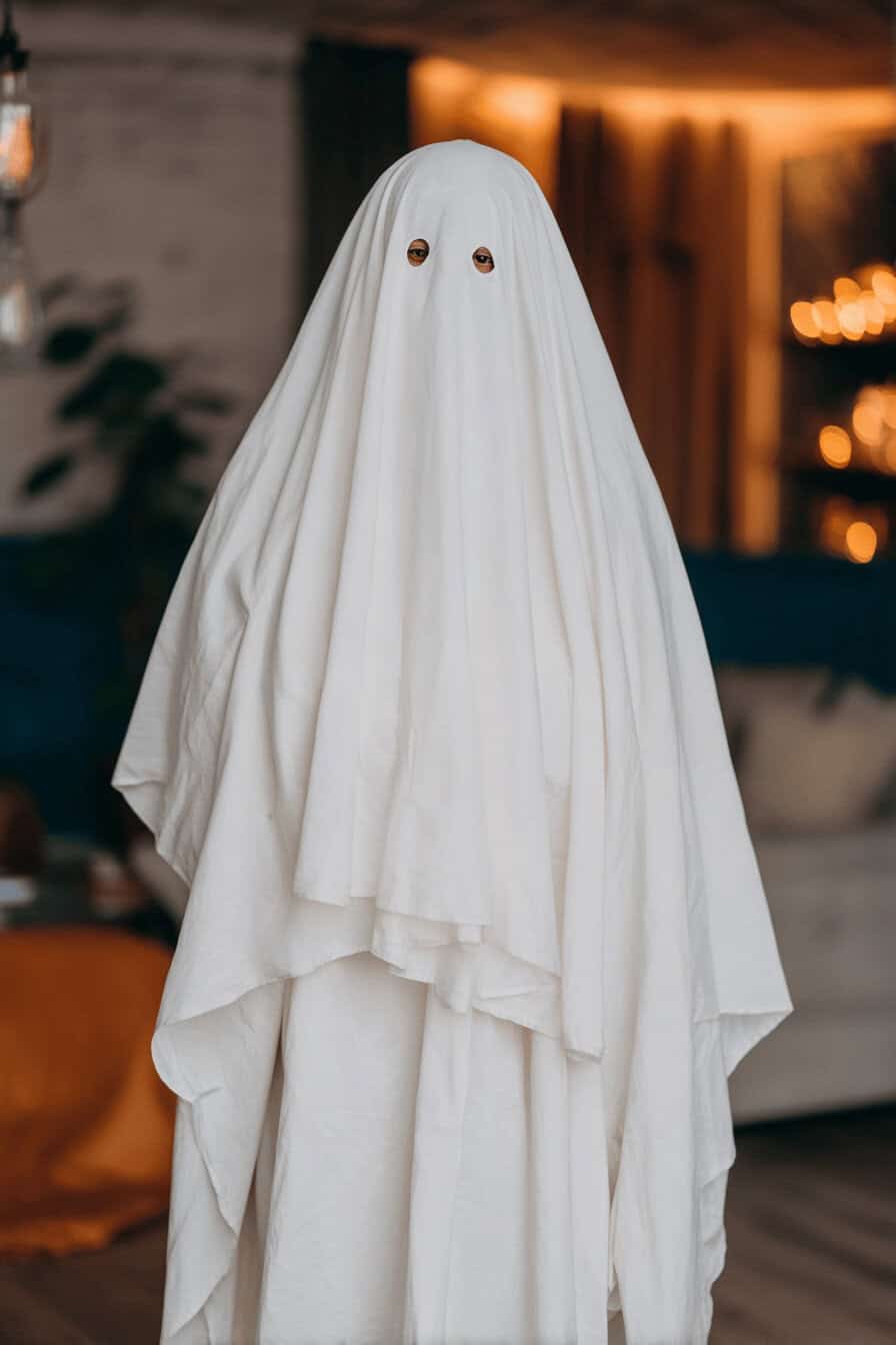 Mann in klassischem weißen Geisterkostüm mit ausgeschnittenen Augen
