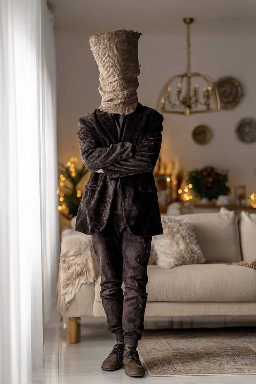 Mann mit Sack über dem Kopf in dunklem Outfit, steht mit verschränkten Armen im Wohnzimmer