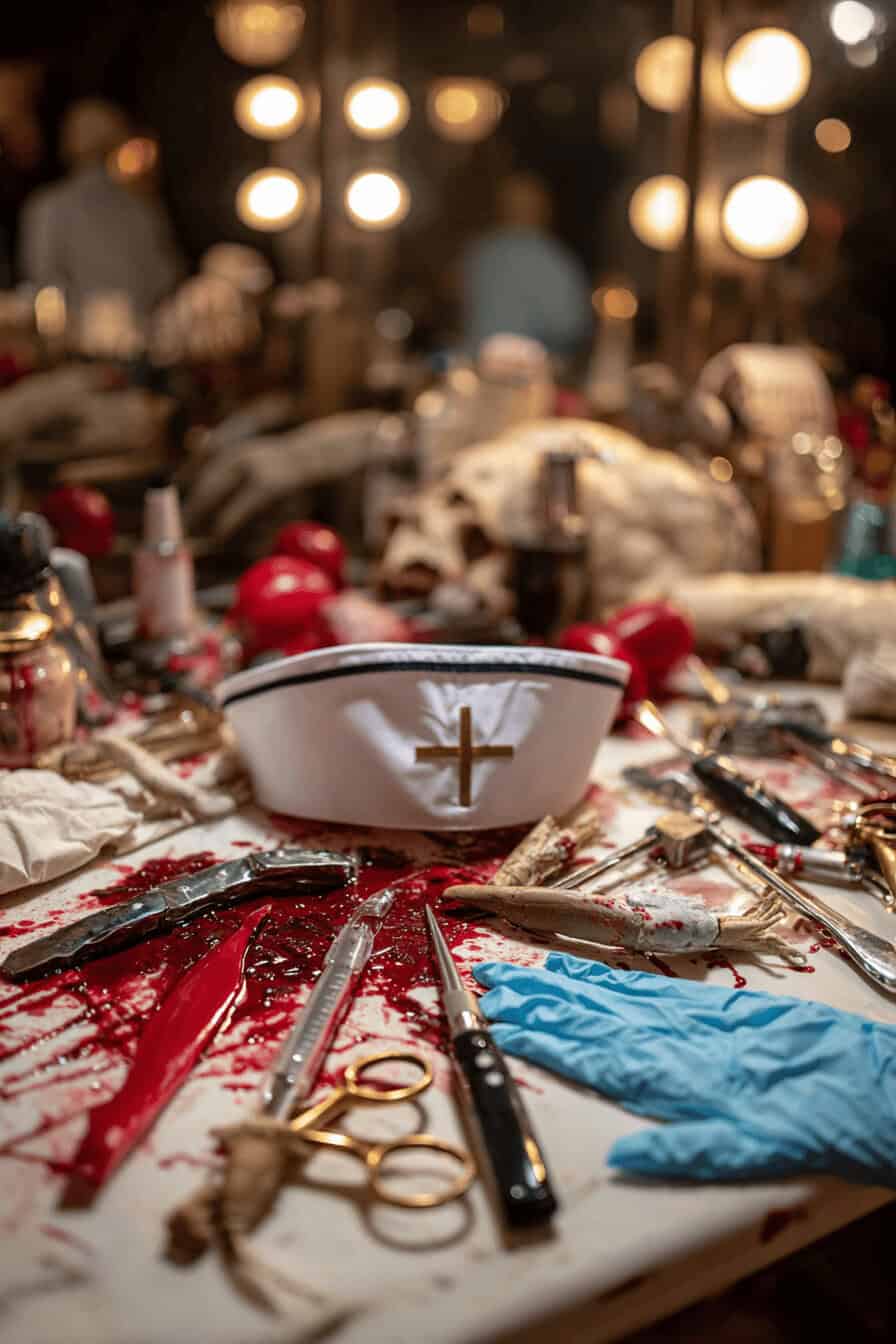 Blutiges Halloween-Setting mit Krankenschwesterhaube, Spritze, Skalpell und Deko-Horrorobjekten