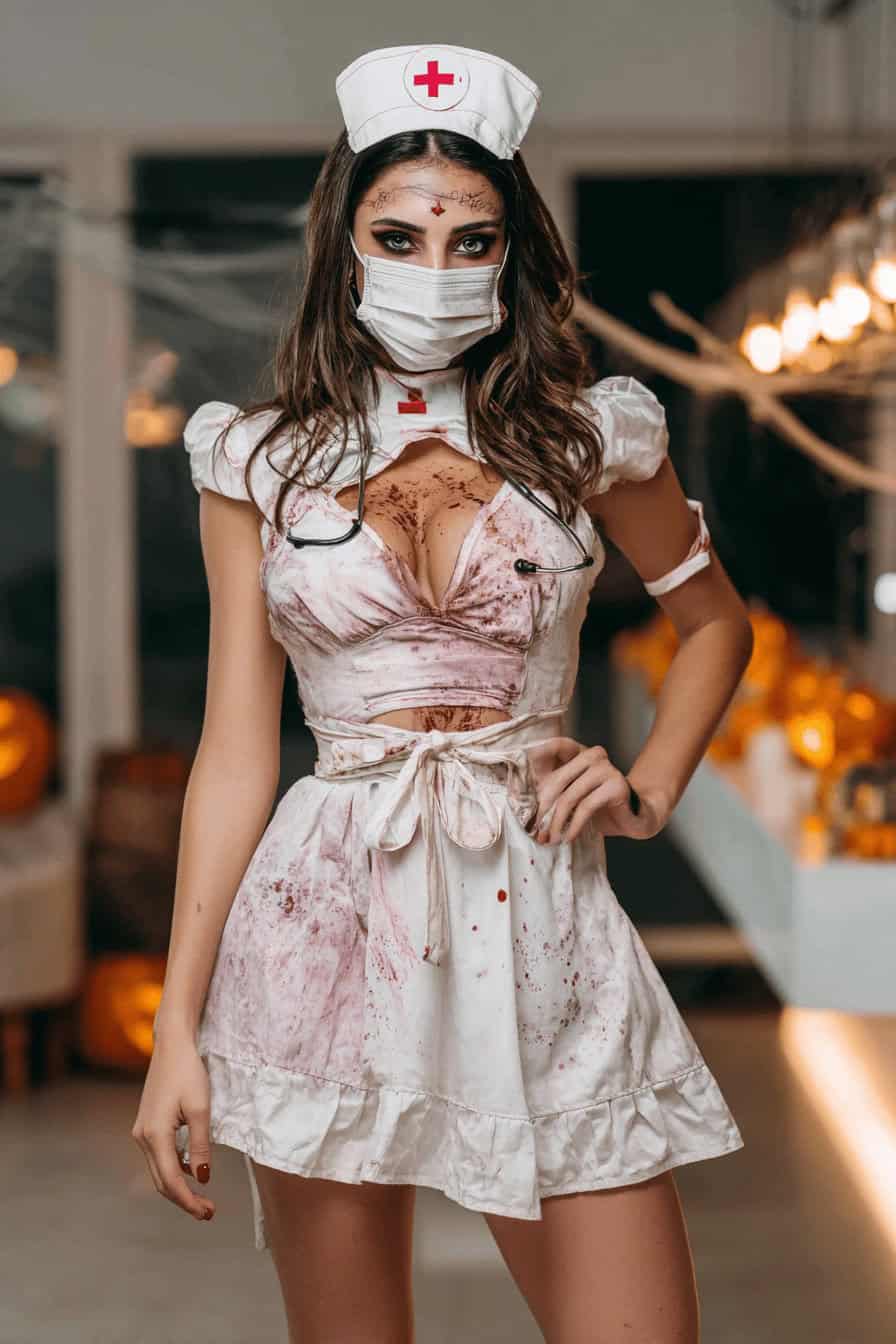 Blutverschmierte Krankenschwester in Halloween-Kostüm mit dramatischem Make-up