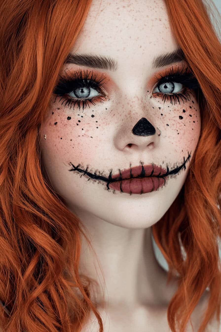 Frau mit Kürbis-inspiriertem Halloween-Make-up und orangefarbenen Haaren