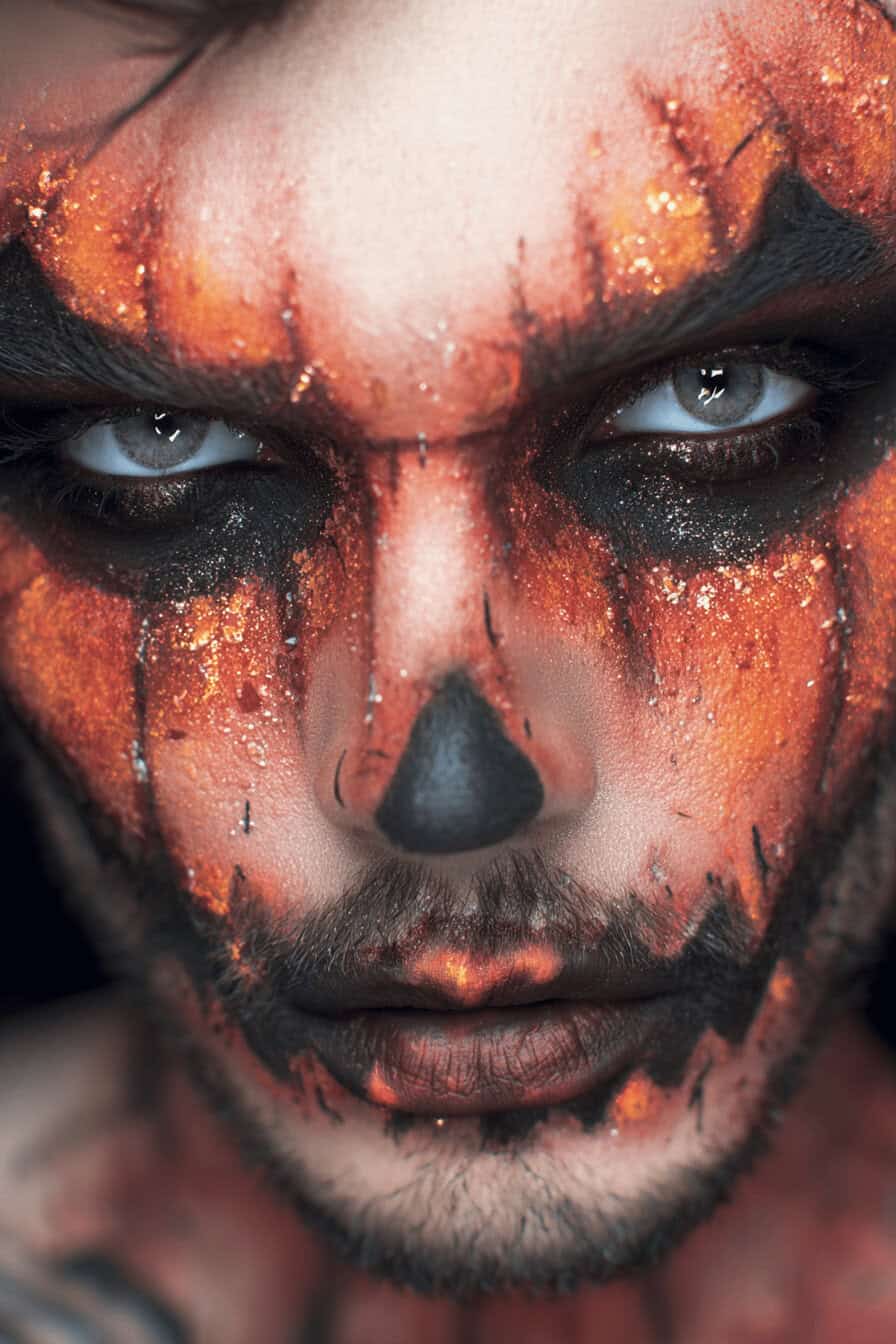 Halloween Make-up in Kürbis-Optik bei einem Mann