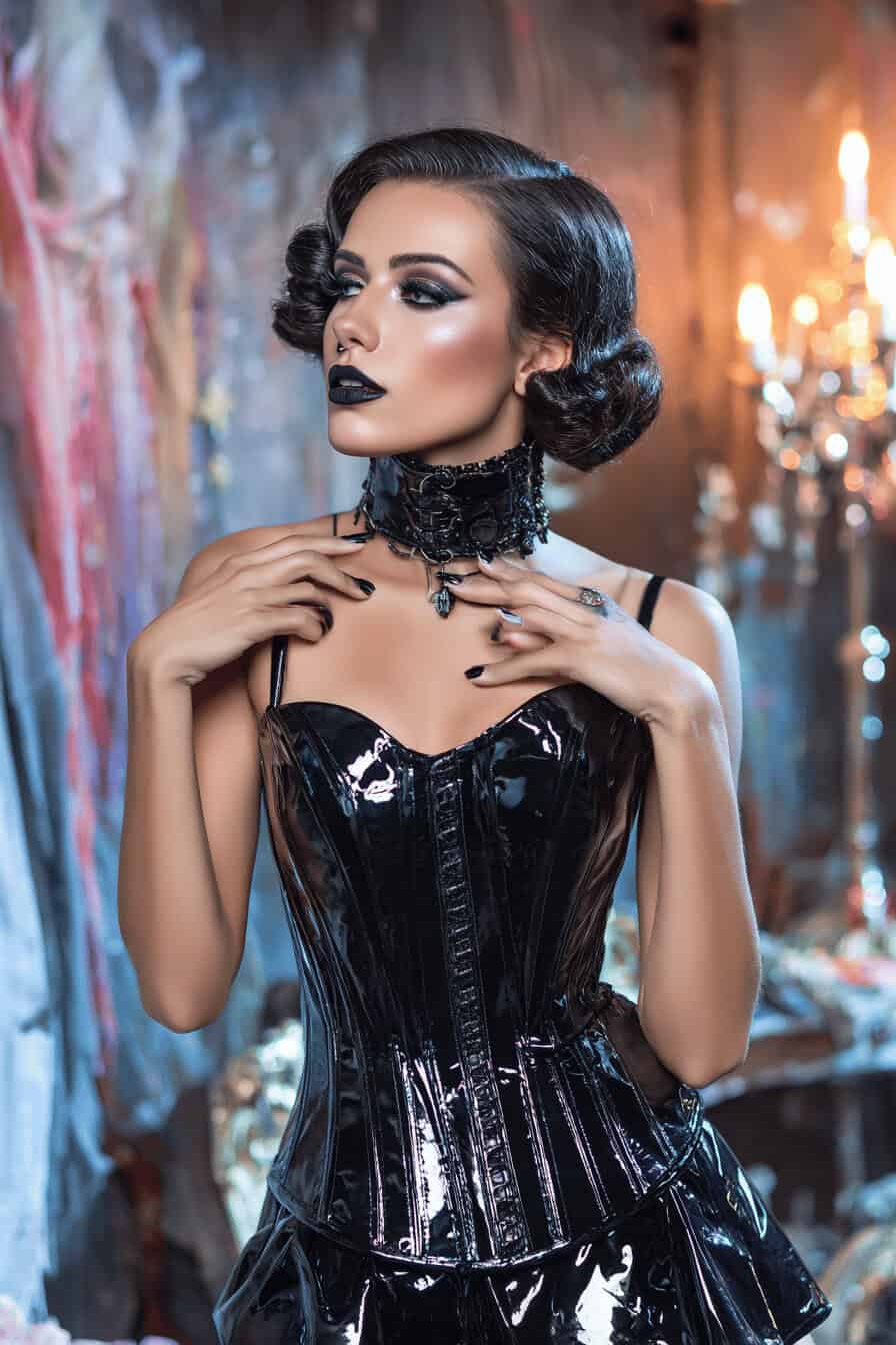 Frau im Vampir-Look mit Lackleder-Korsett und dunklem Make-up
