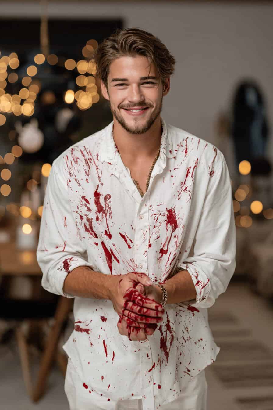 Mann in weißem Shirt mit blutroten Flecken, Halloween-Look