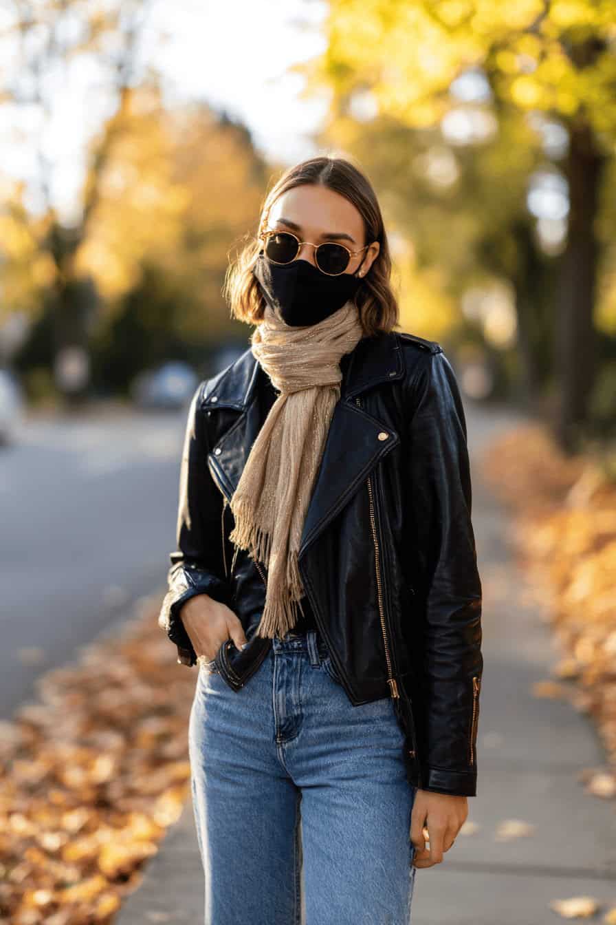 Frau mit schwarzer Lederjacke und Jeans bei herbstlichem Spaziergang