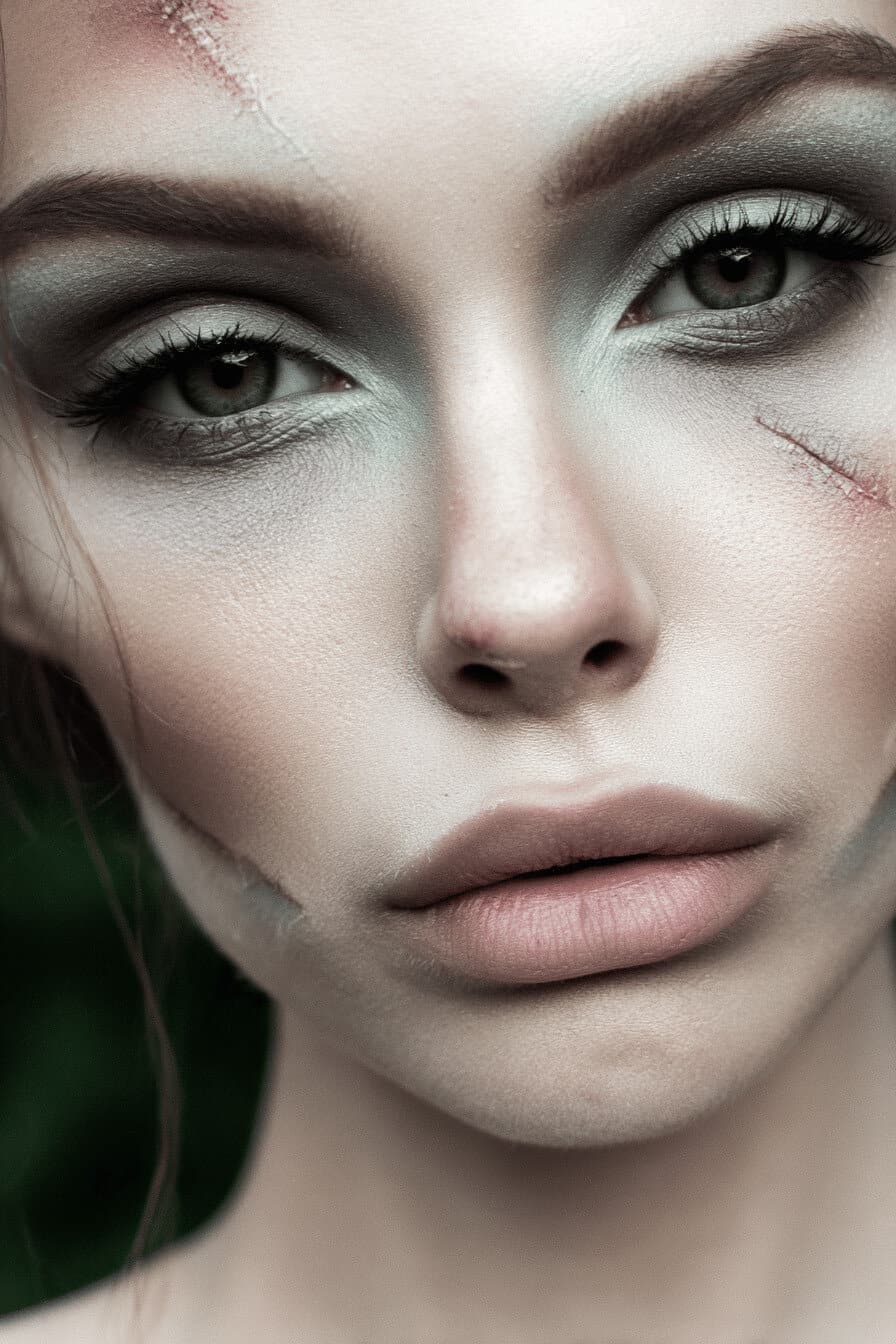 Nahaufnahme eines Gesichtes mit einfacher Zombie-Schminke